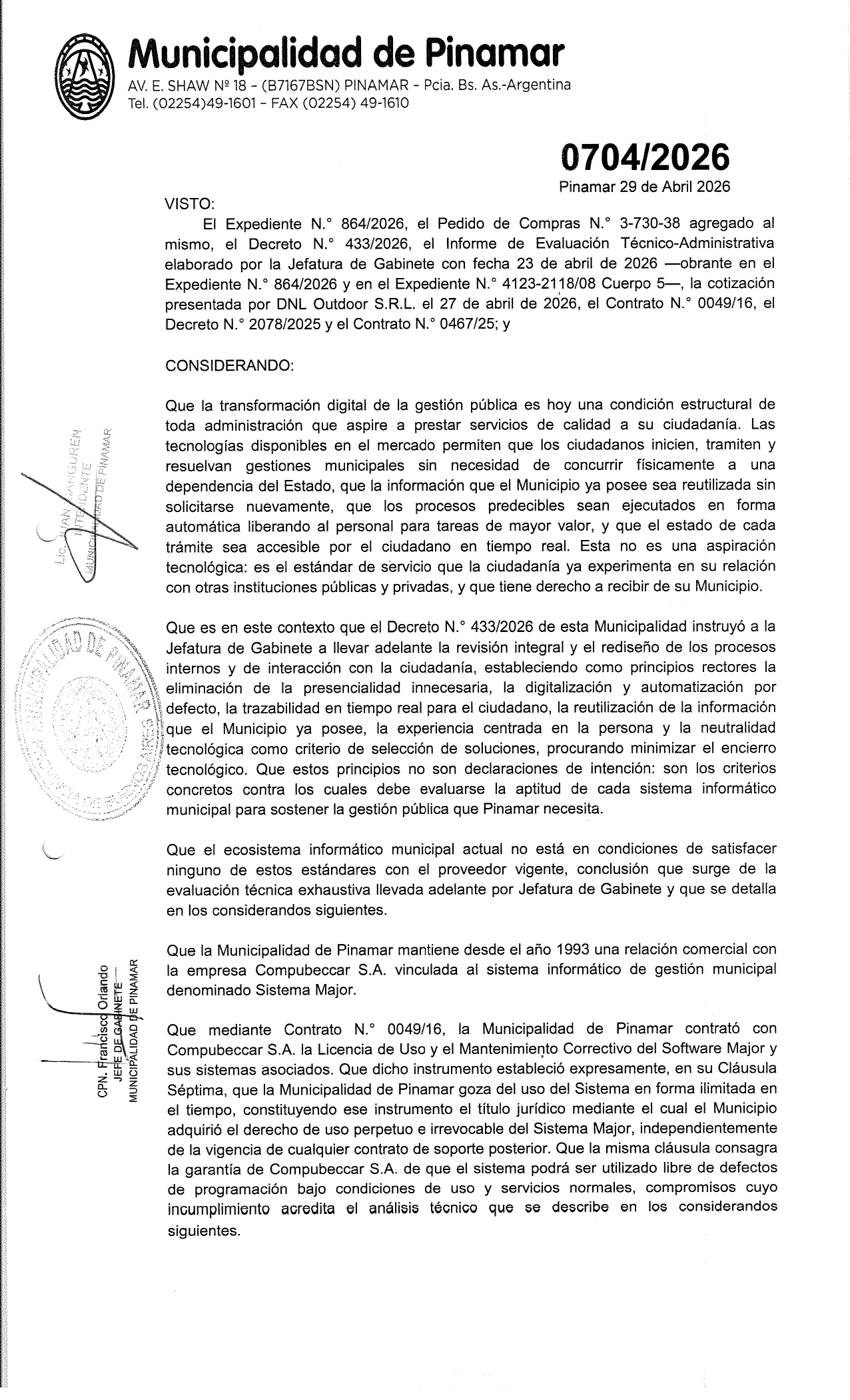 LAS CONTRATACIONES DE DUDOSA EFICACIA DEL INTENDENTE JUAN IBARGUREN EN  PINAMAR