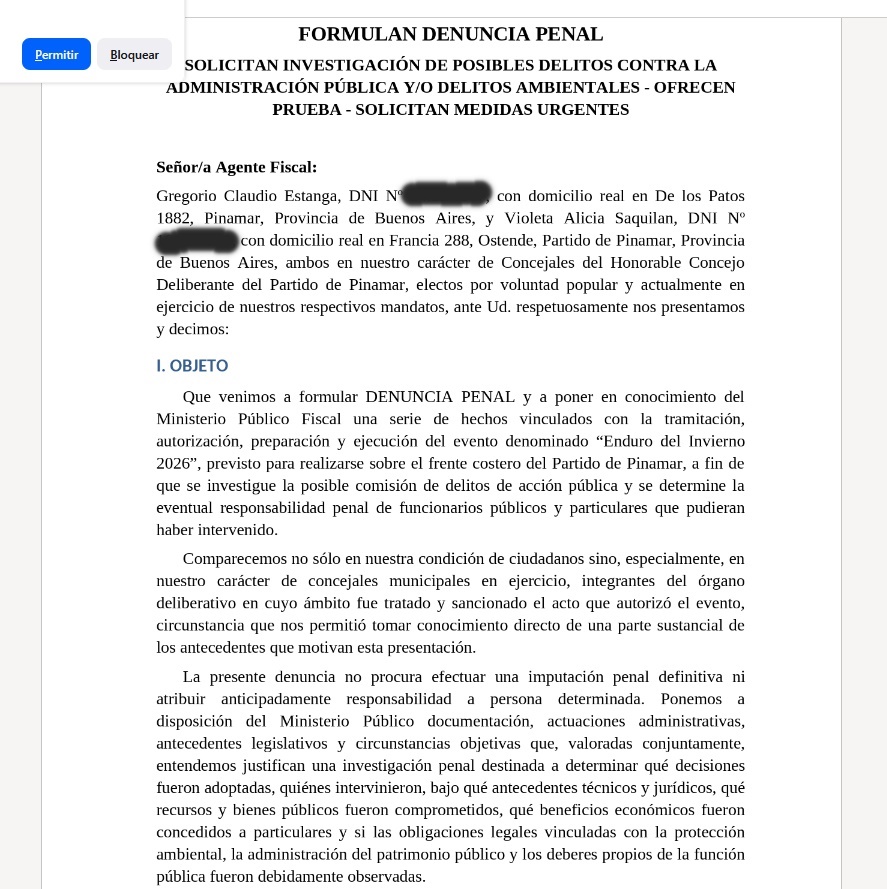 LOS CONCEJALES GREGORIO ESTANGA Y VIOLETA SAQUILAN FORMULARON DENUNCIA PENAL TRAS LA DECISI&Oacute;N DEL EJECUTIVO MUNICIPAL DE AVANZAR CON EL ENDURO DEL INVIERNO EN PINAMAR