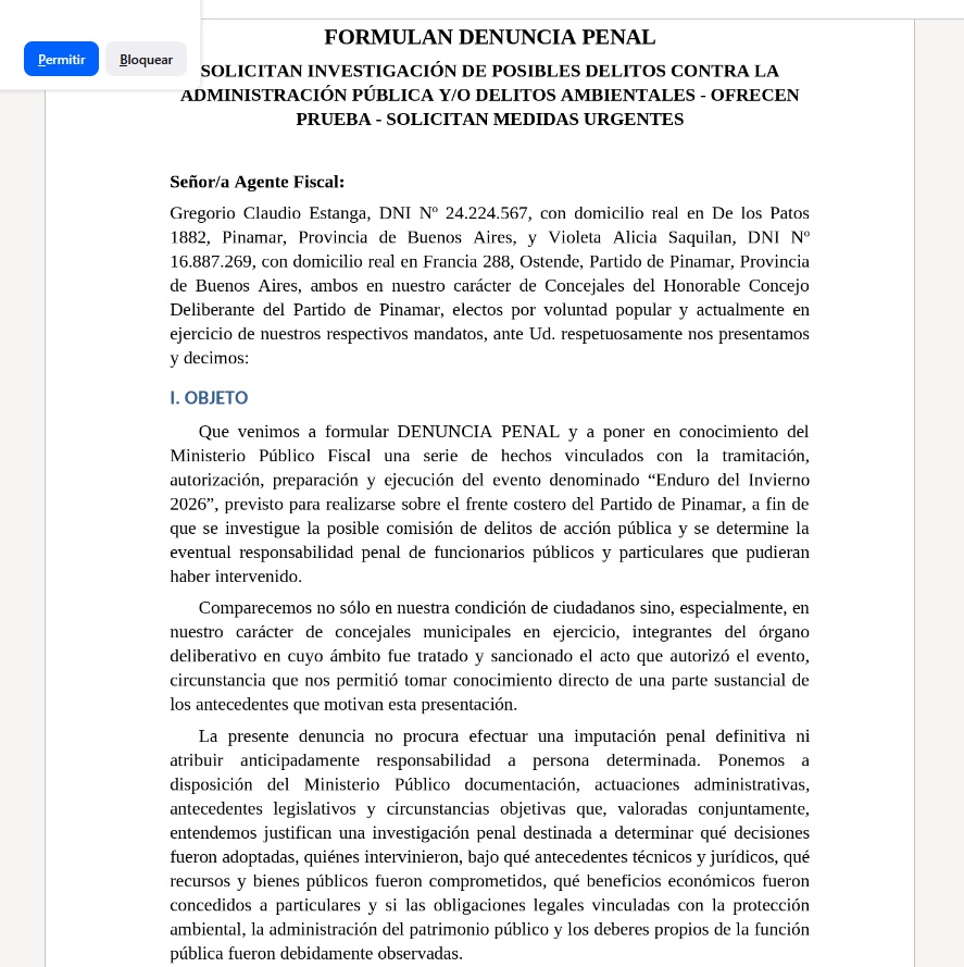 LOS CONCEJALES GREGORIO ESTANGA Y VIOLETA SAQUILLAN FORMULARON DENUNCIA PENAL TRAS LA DECISI&Oacute;N DEL EJECUTIVO MUNICIPAL DE AVANZAR CON EL ENDURO DEL INVIERNO EN PINAMAR