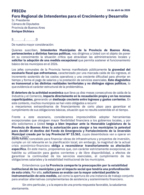 INTENDENTES DE TODO EL ARCO POL&Iacute;TICO VUELVEN A LA LEGISLATURA PARA RECLAMAR LA LIBRE DISPONIBILIDAD DE LOS FONDOS MUNICIPALES